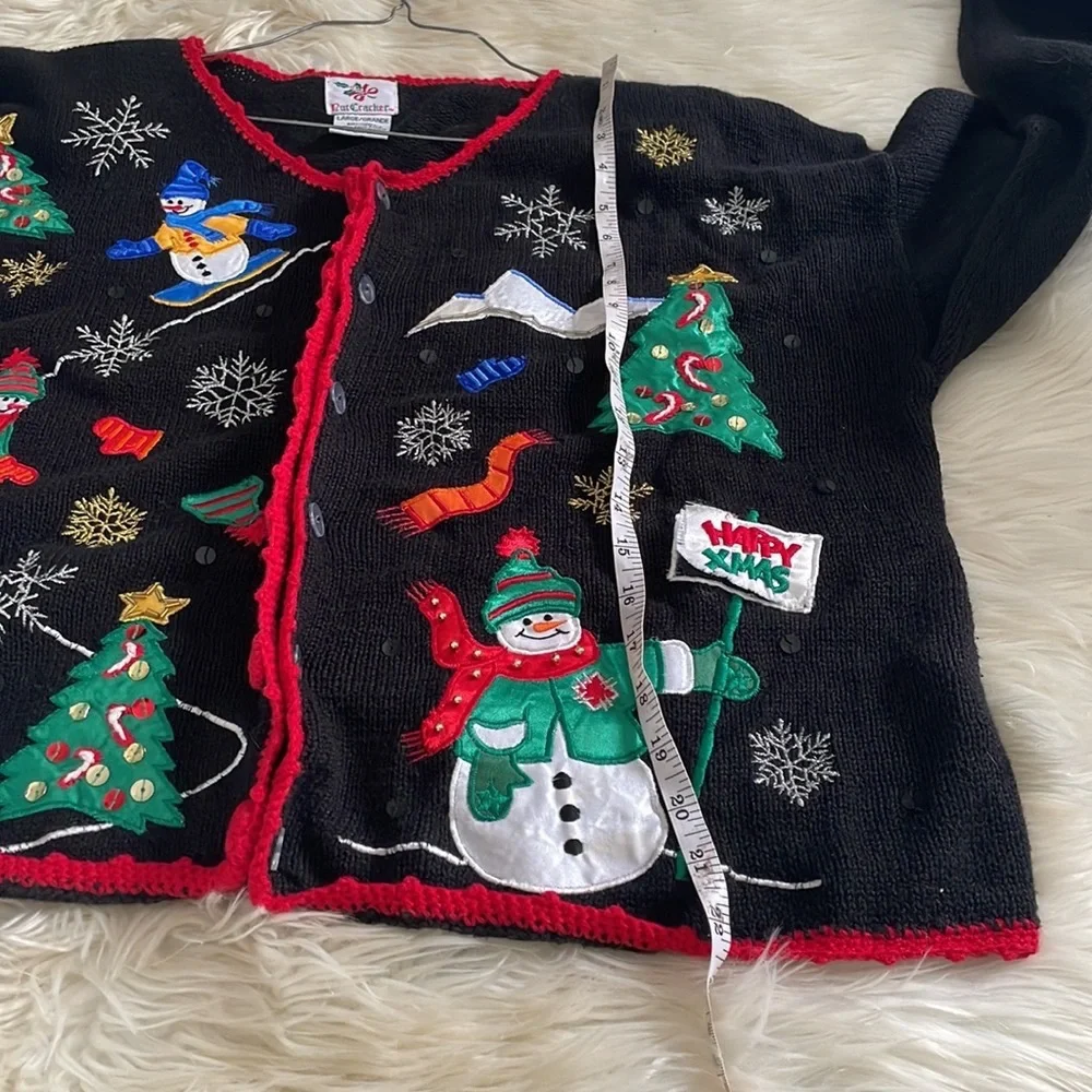 Vintage Nutcracker black button up ugly Christmas sweater cardigan snowman sz L - Picture 14 of 16